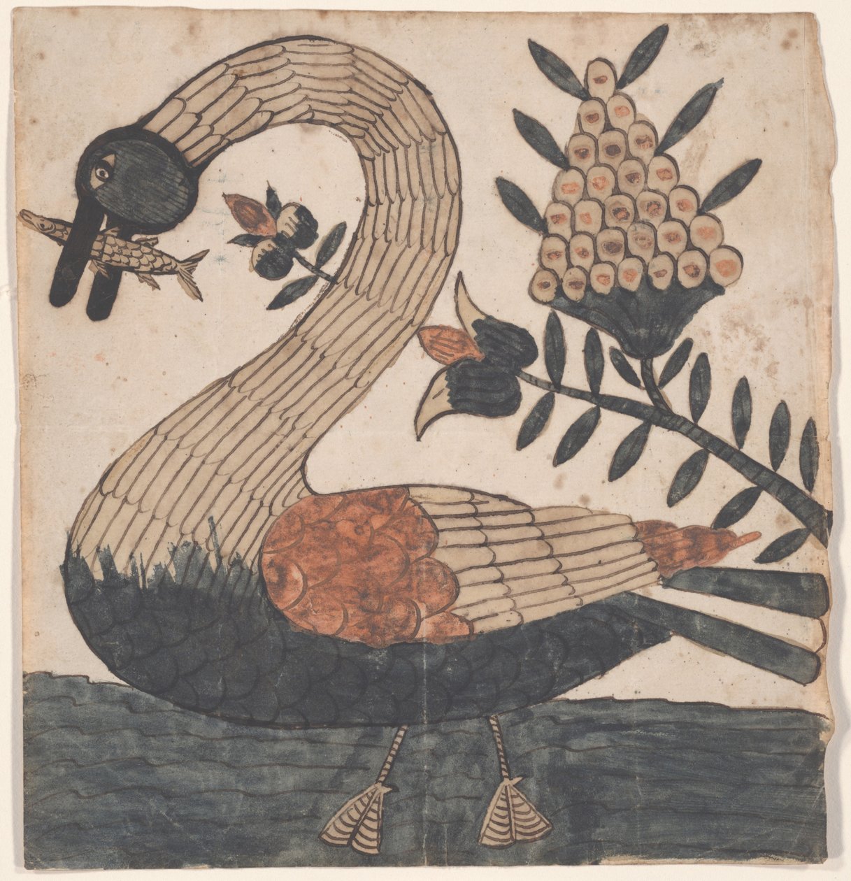 鸟与鱼，Fraktur绘画，c.1810 作者 美国学校