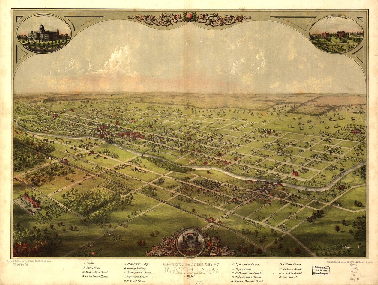 Birds eye view of the city of Lansing, Michigan 1866 (colour litho) 作者 美国学校