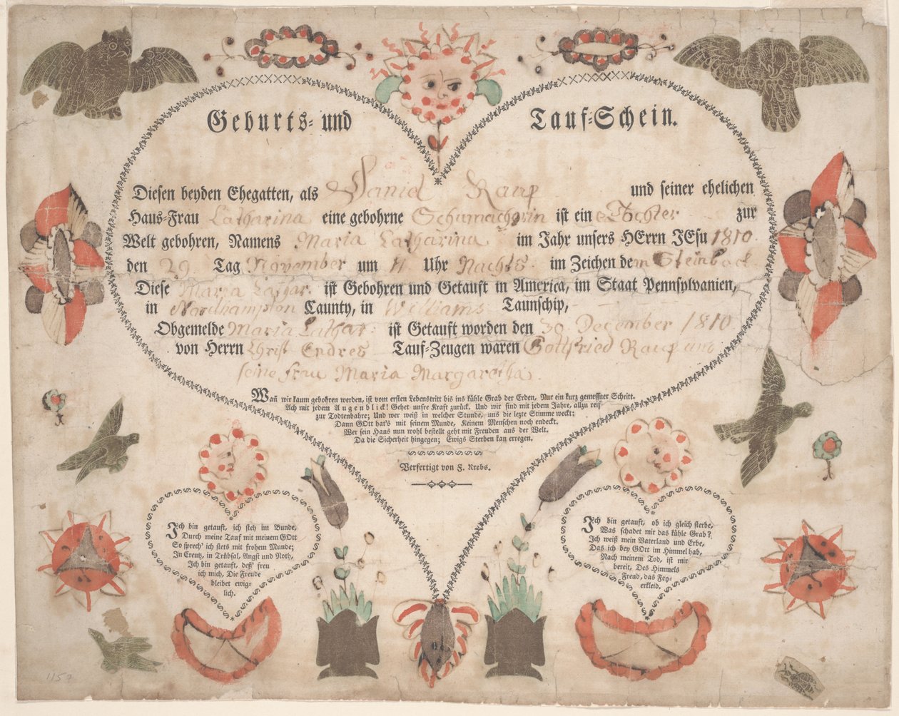 Maria Catharina Raup c.1806 的出生和洗礼证书（Geburts und Taufschein）（纸上水彩笔和墨水） 作者 美国学校