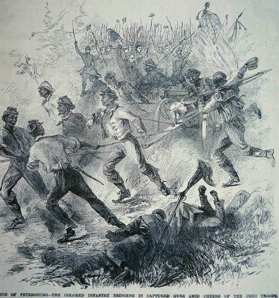 在围攻彼得堡期间（1864-65年），联邦军队的黑人部队带来了缴获的枪支（石印）。 作者 美国学校