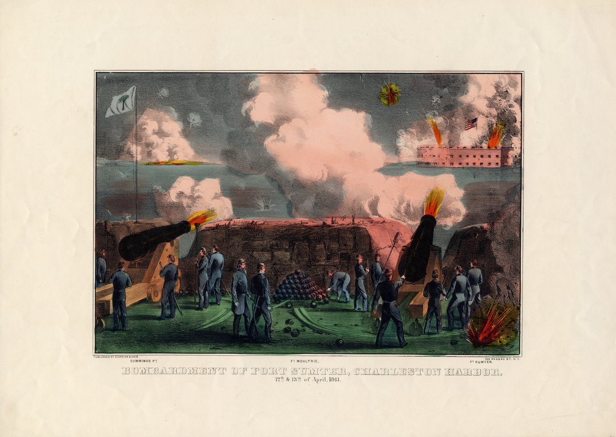 1861年4月12日和13日，查尔斯顿港萨姆特堡的轰炸，酒吧。作者：Currier＆Ives，c.1861 作者 美国学校
