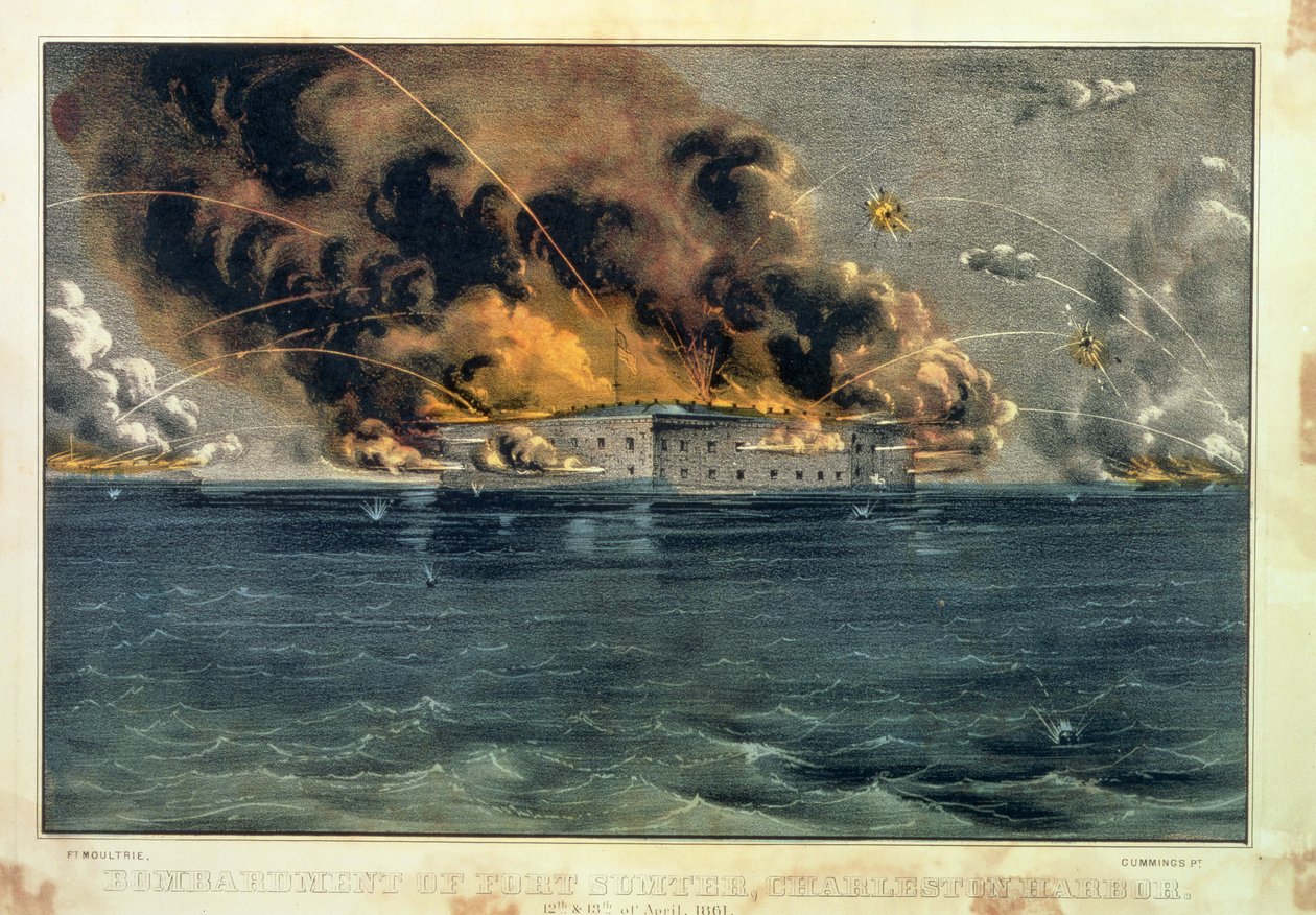 轰炸萨姆特堡，查尔斯顿港，1861年4月12日和13日，酒吧。通过Currier和Ives 作者 美国学校