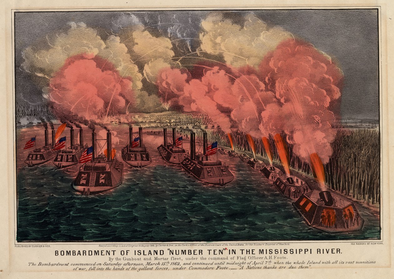 在密西西比河，酒吧的十号岛轰炸。作者：Currier＆Ives，1862年 作者 美国学校