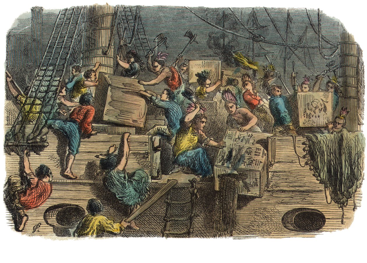 波士顿茶党，约1860年代（手绘版画）。 作者 美国学校
