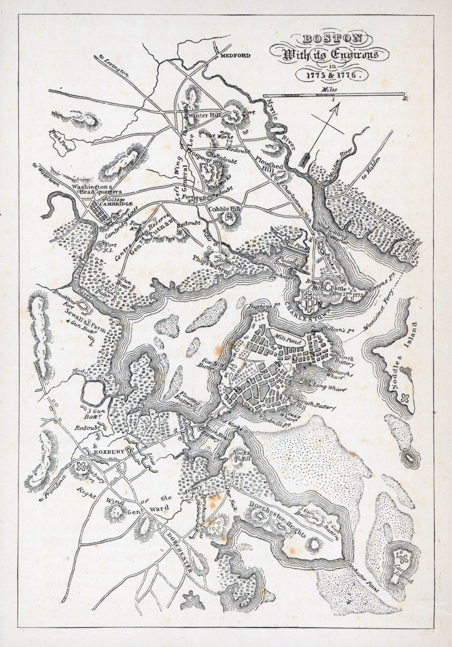1775年和1776年的波士顿及其周边地区（石印）。 作者 美国学校
