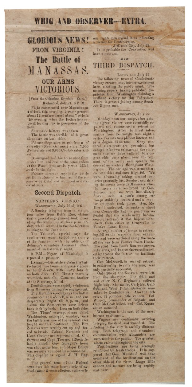 布罗德赛德在1861年7月22日之后宣布第一次马纳萨斯战役，辉格战和观察员战役 作者 美国学校