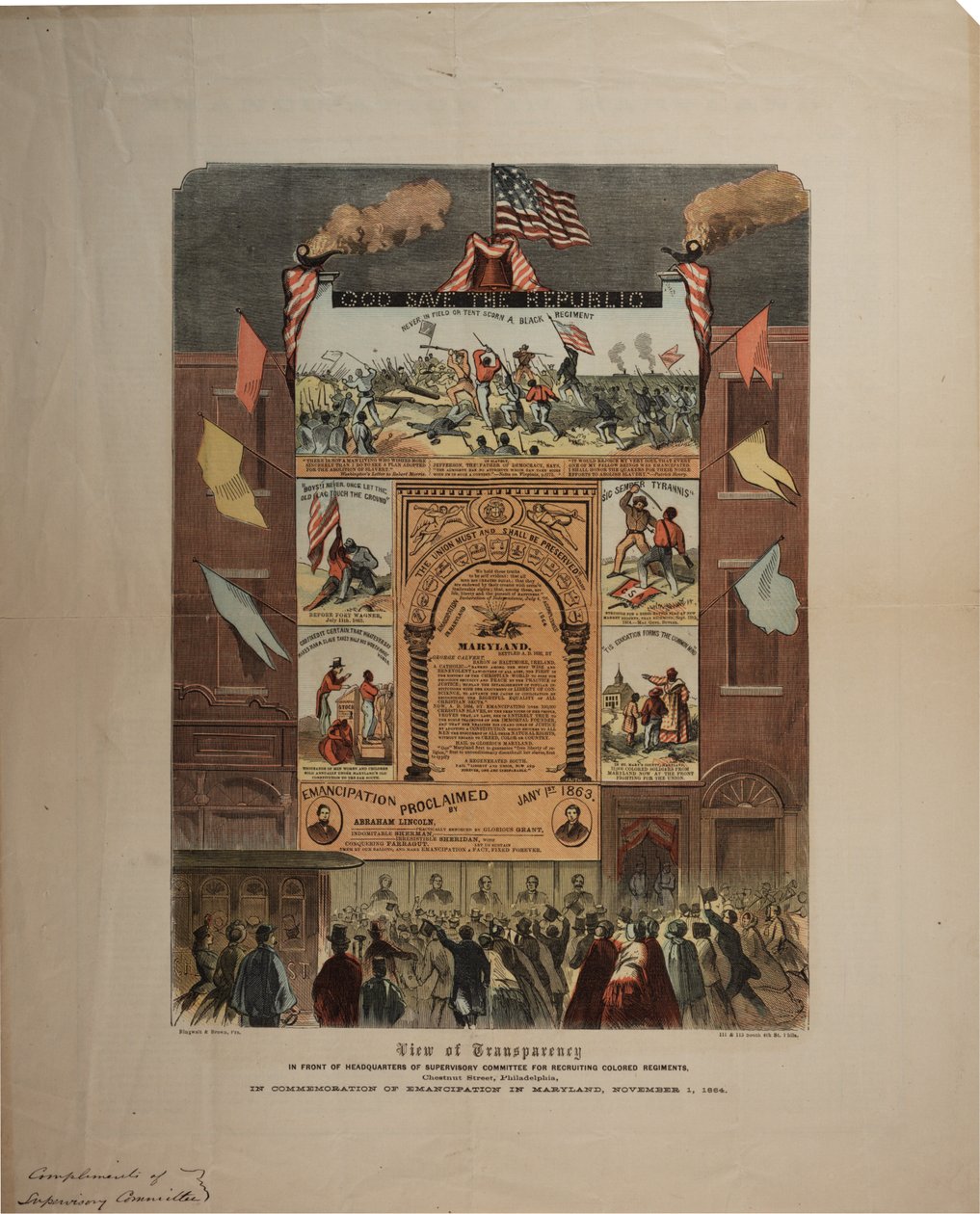 关于招募非裔美国人并在马里兰州，Ringwalt＆Brown（fl.1863-1865），1864年11月1日庆祝解放的宽边（另见GLC 696015,696016和696017） 作者 美国学校