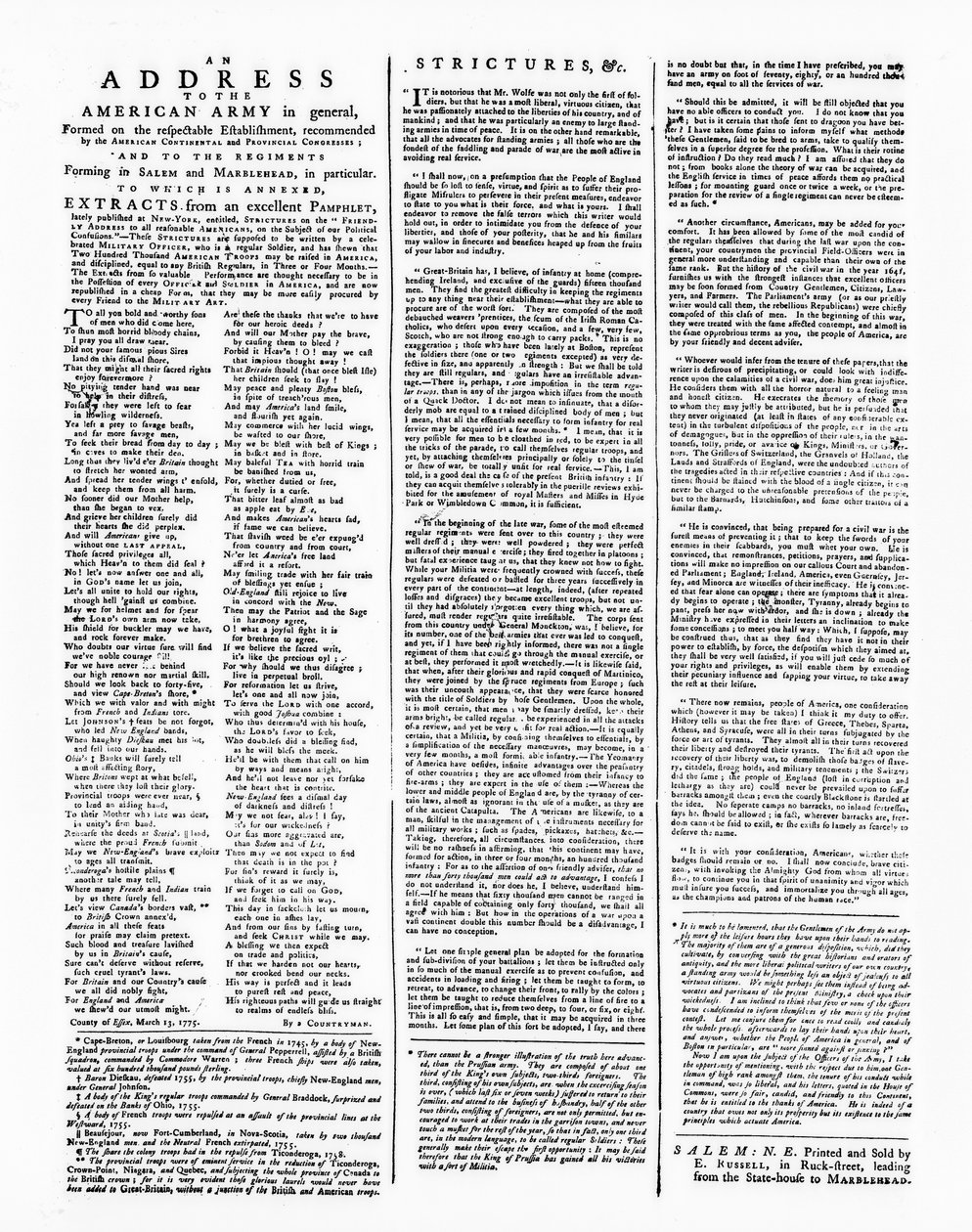 宽恕与美国军队的地址，塞勒姆，1775年（打印） 作者 美国学校