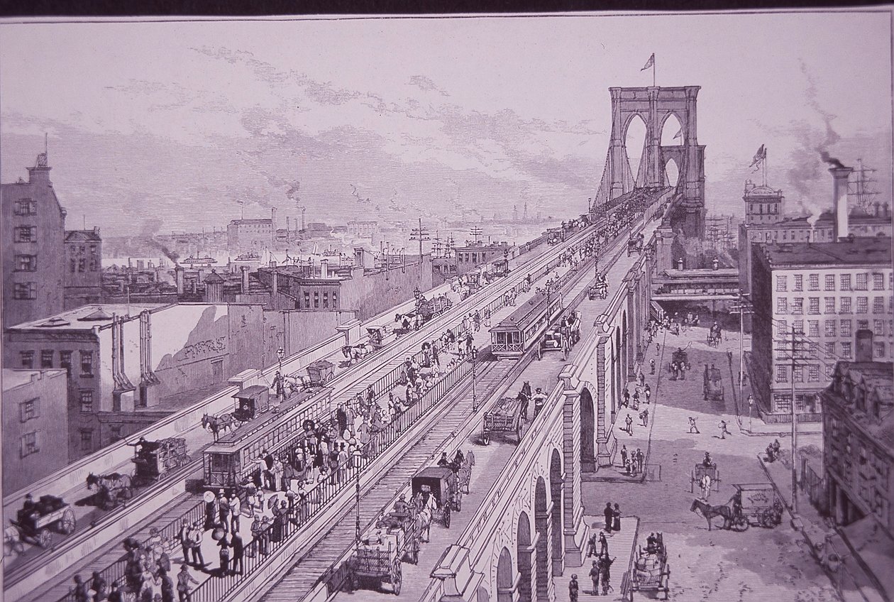 开幕式后的布鲁克林大桥，1883年5月26日出版（雕版画）。 作者 美国学校