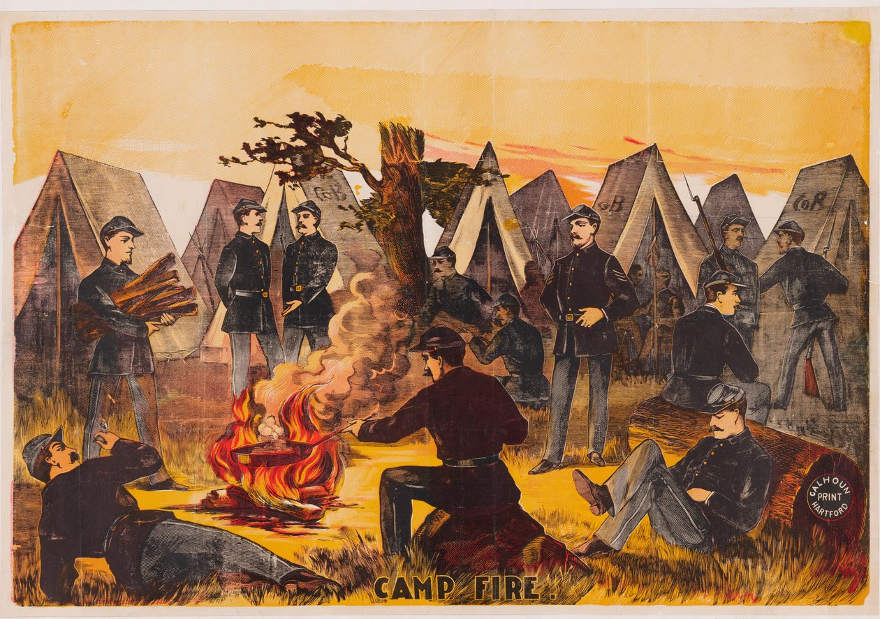 Camp Fire, pub. C1865 彩色石版画 作者 美国学校