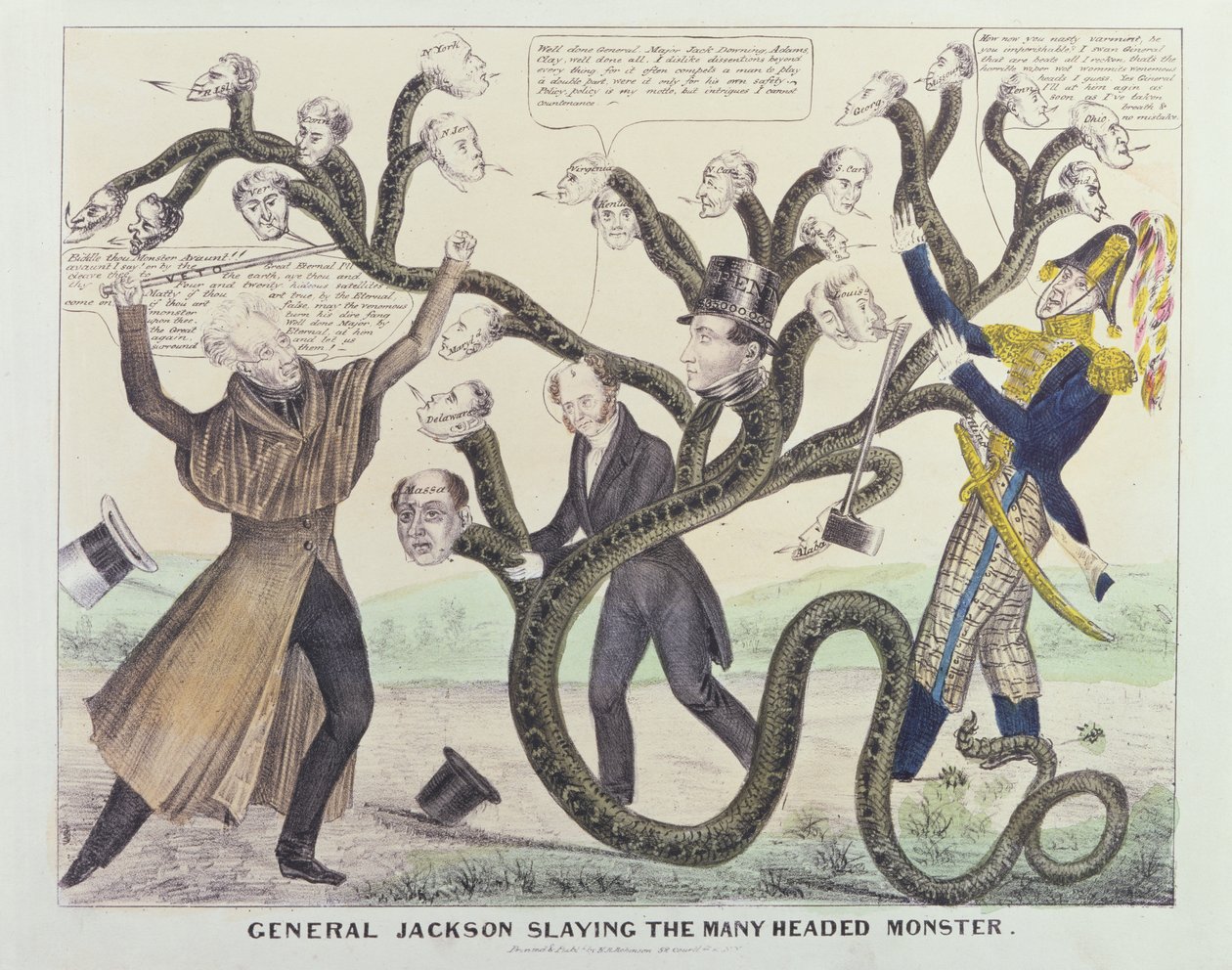 杰克逊将军的漫画（1767-1845）杀死了多头怪物，由HR Robinson出版，第1836页（钢笔，墨水，铅笔和纸张） 作者 美国学校