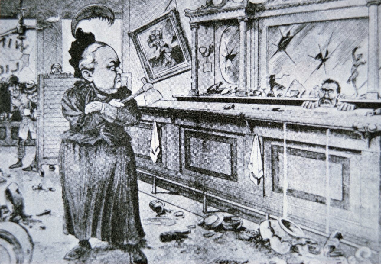 带着斧头的Carry Nation，约1905年（平版）。 作者 美国学校