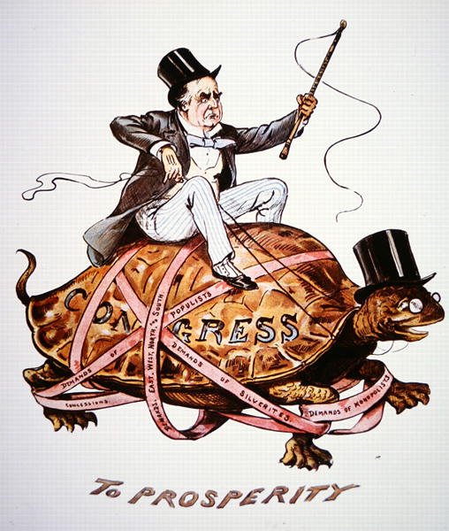 描绘威廉-麦金利总统（1843-1901）试图通过国会推动其政策的漫画（彩色平印）。 作者 美国学校