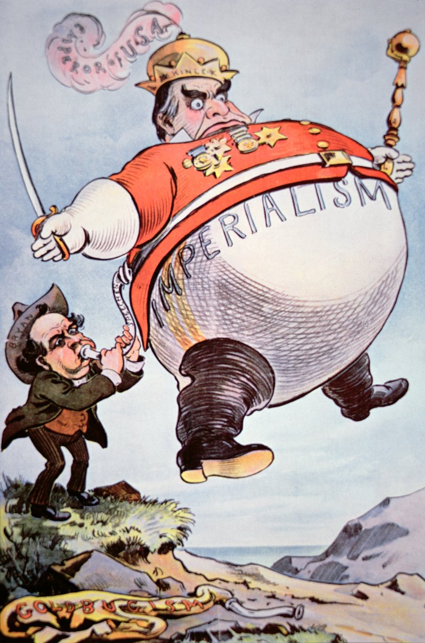 卡通描绘了威廉·詹宁斯·布赖恩 (1860-1925) 炸毁《帕克》中的“帝国主义风袋”威廉·麦金利 (1843-1901) 作者 美国学校