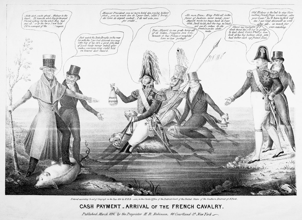 现金支付 - 法国骑兵的抵达，由HR Robinson，纽约出版，1836年（刻） 作者 美国学校