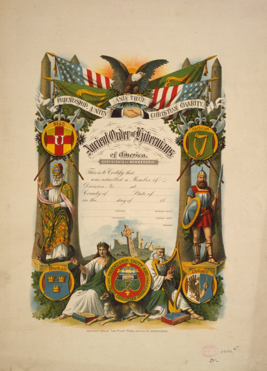 Certificate of membership in Ancient Order of Hibernians of America, c.1894 (colour lithograph) 作者 美国学校