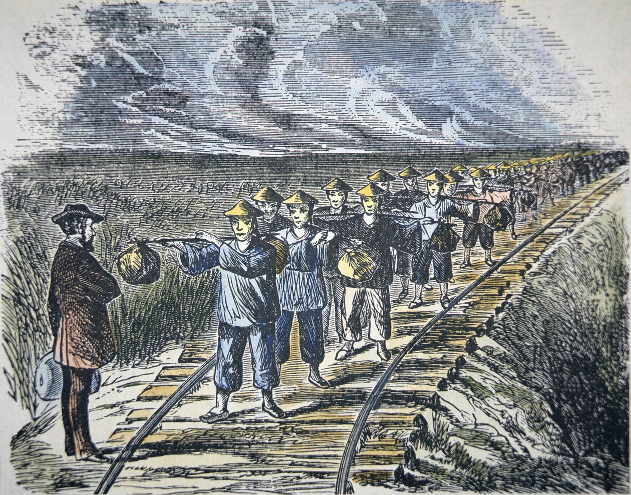 查尔斯-克罗克（1822-88）和他的中国工人正在建造中央太平洋铁路，1869年完工（彩色平版印刷）。 作者 美国学校
