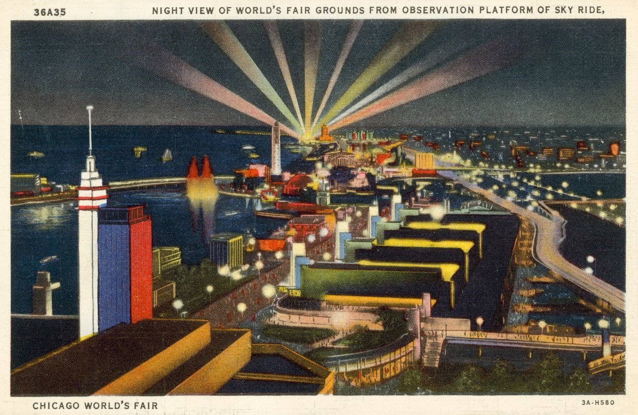 芝加哥世界博览会，天空之脊观景台夜景（彩色石版画） 作者 美国学校