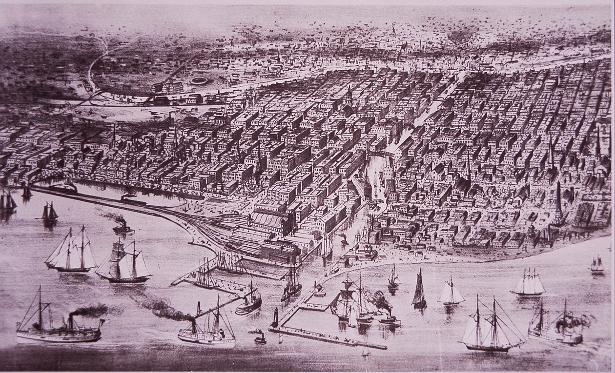 1871年大火前的芝加哥，约1870年（平版印刷）。 作者 美国学校