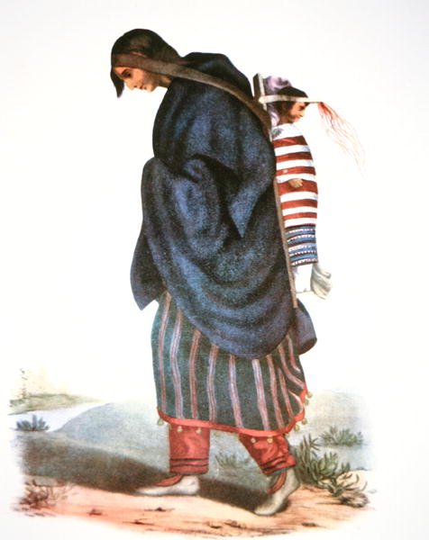 齐佩瓦族母亲和婴儿，约1821年（彩色平版印刷）。 作者 美国学校