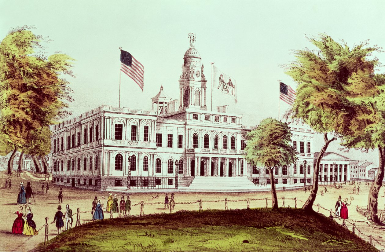 纽约市政厅，由Nathaniel Currier（1813-88）雕刻 作者 美国学校