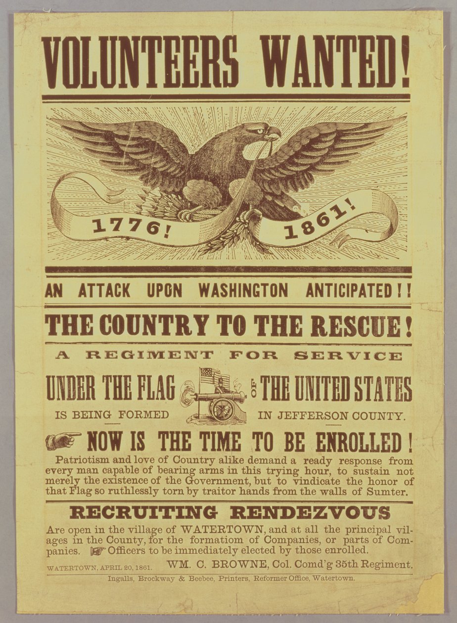 南北战争招募海报，1861年（打印） 作者 美国学校