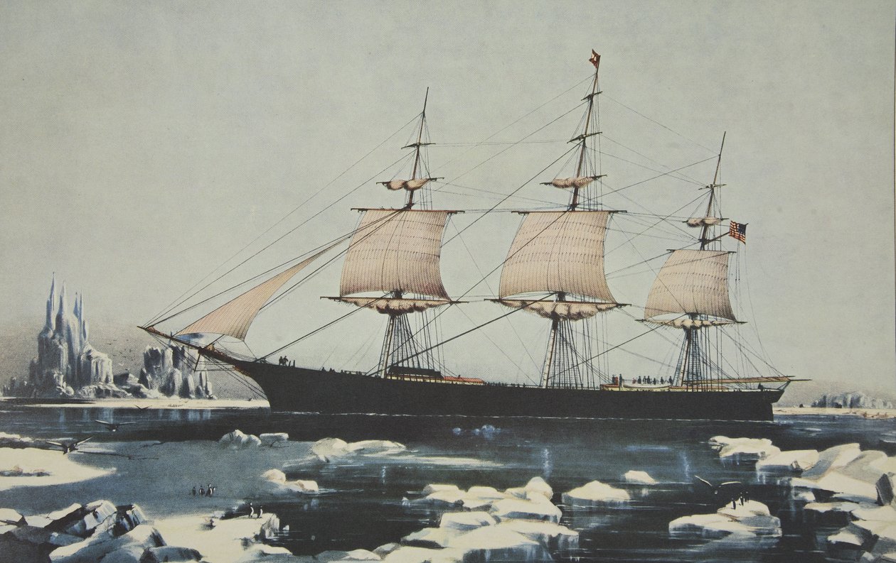 Clipper Ship，Red Jacket  - 在Cape Horn的冰上，从澳大利亚通过，到利物浦，1854年8月，酒吧。 1855年，Currier＆Ives 作者 美国学校