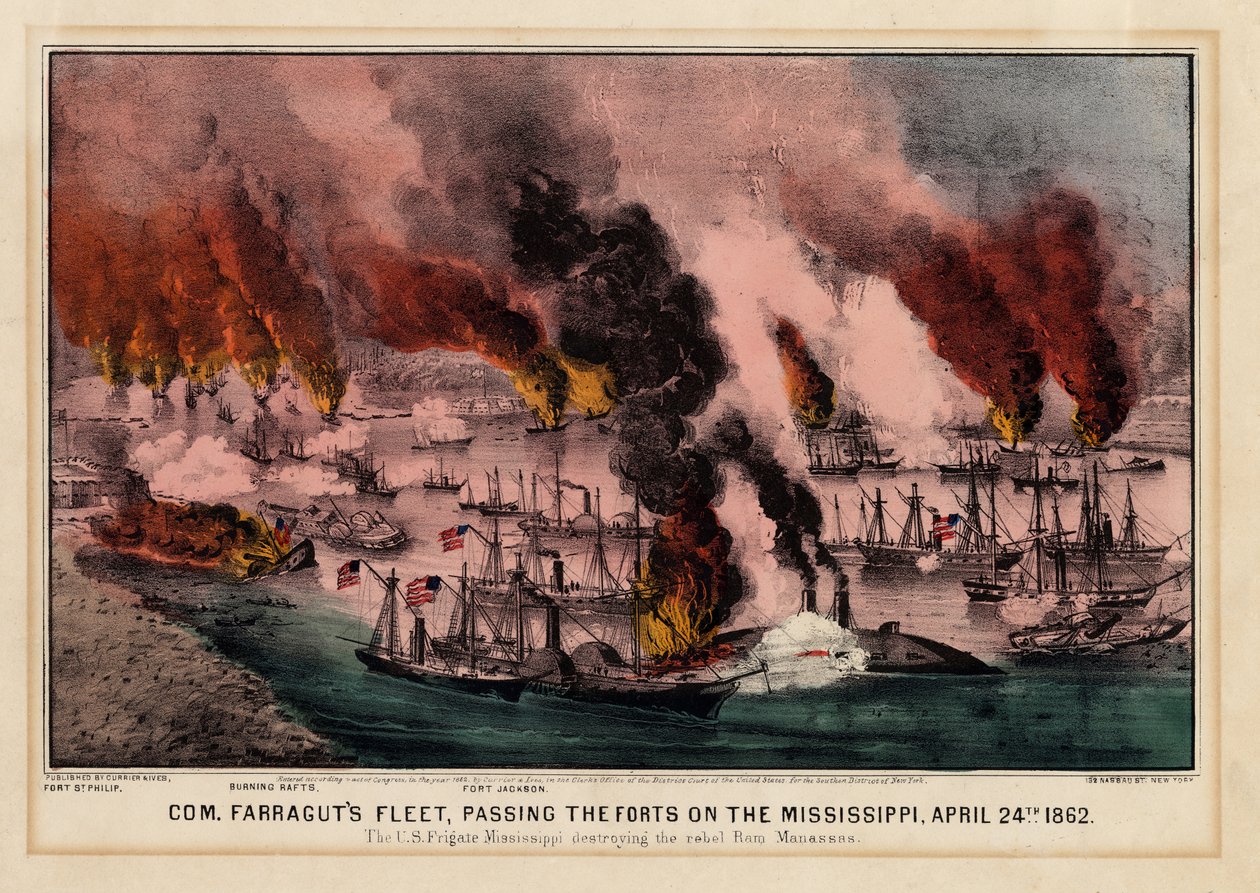COM。 1862年4月24日，Farraguts船队通过密西西比河上的堡垒，酒吧。作者：Currier＆Ives，1862年 作者 美国学校