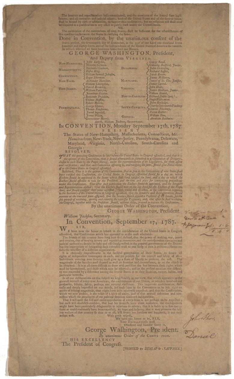 宪法，第一次印刷，由Dunlap＆Claypoole，1787年9月17日至19日印刷（另见GLC 695933，GLC 695934和GLC 695935） 作者 美国学校