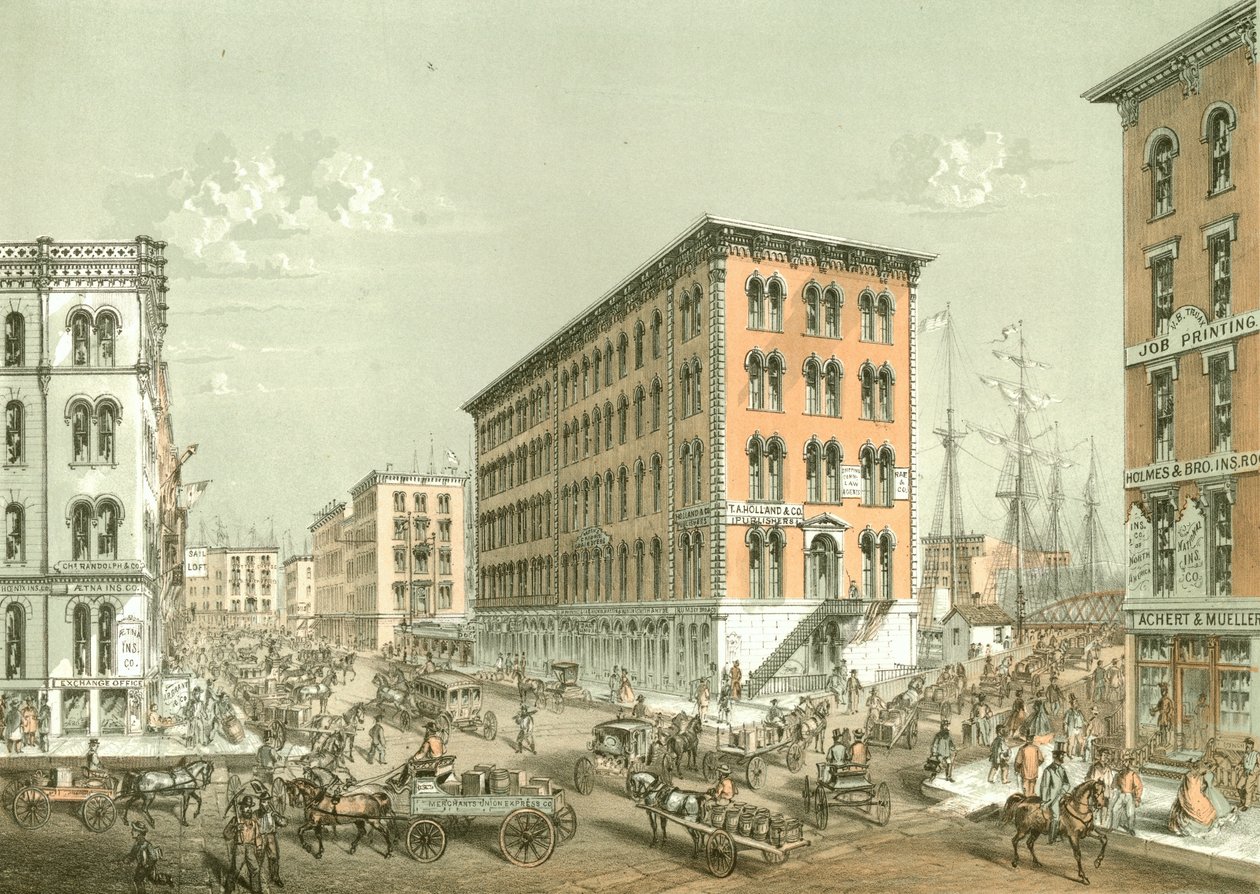 克拉克和南水街的角落，来自芝加哥画报，由James W. Sheahan撰写的文学描述，由芝加哥Jevne＆Almini出版，1866-67 作者 美国学校