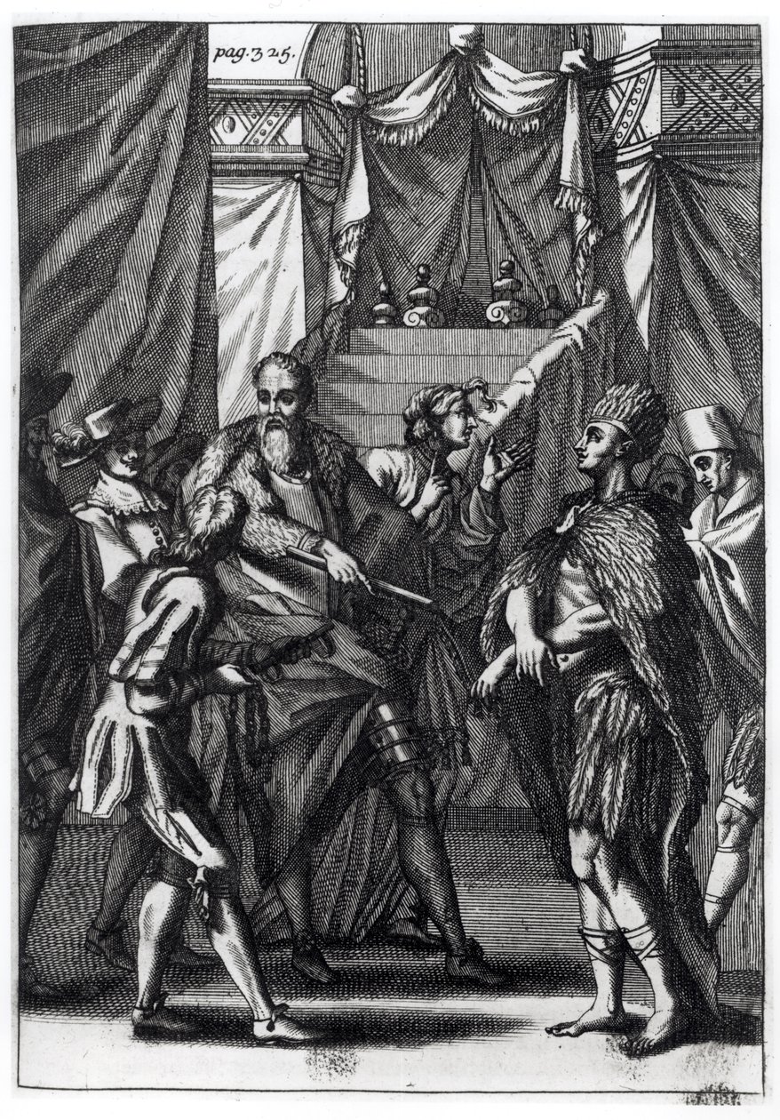 Cortes和Montezuma，来自Antonio de Solis和Rivadeneira Solis的“征服墨西哥历史”，1691年 作者 美国学校