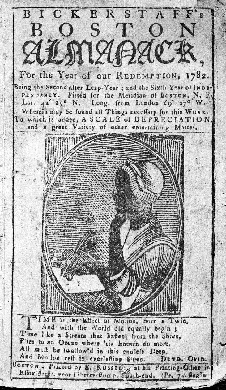 Bickerstaffs Boston Almanack的封面，刊登了1782年出版的Phillis Wheatley（1753-84）的肖像（印刷版） 作者 美国学校