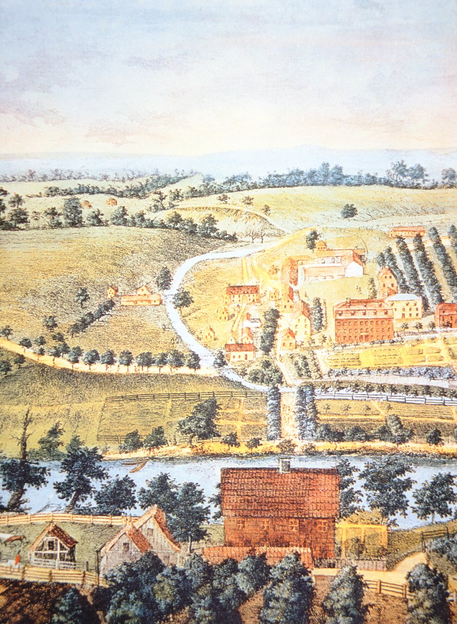 1750年宾夕法尼亚州的耕地（彩色平版印刷）。 作者 美国学校