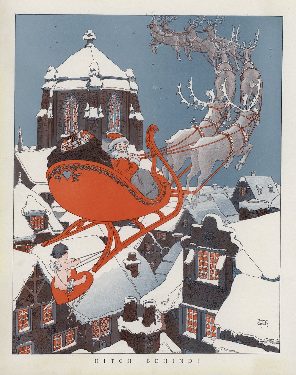 丘比特搭上圣诞老人的雪橇（彩色石版画） 作者 美国学校