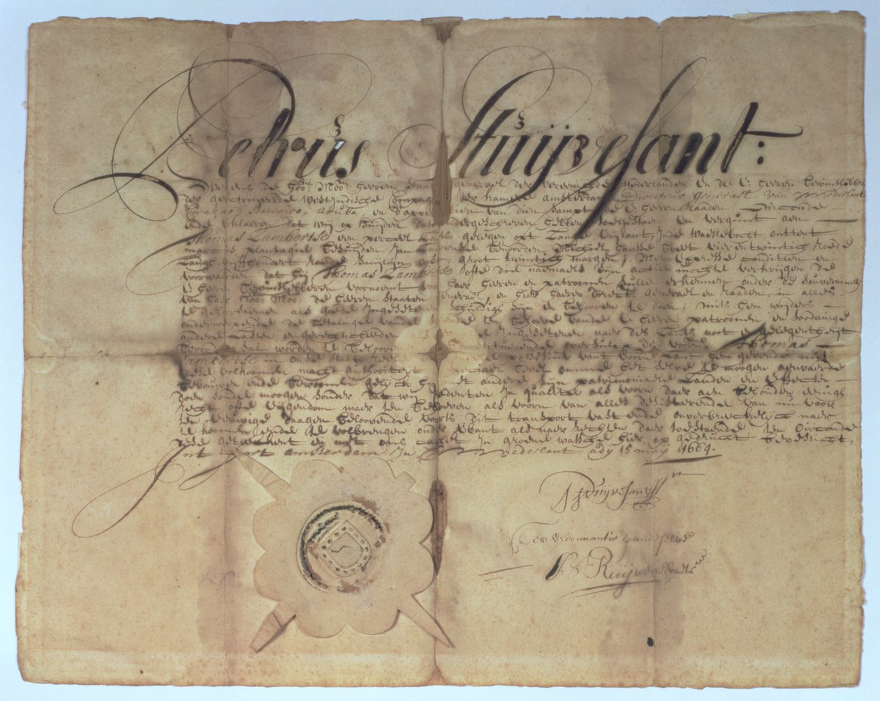 1664年5月15日，新荷兰总干事Peter Stuyvesant签署了契约 作者 美国学校