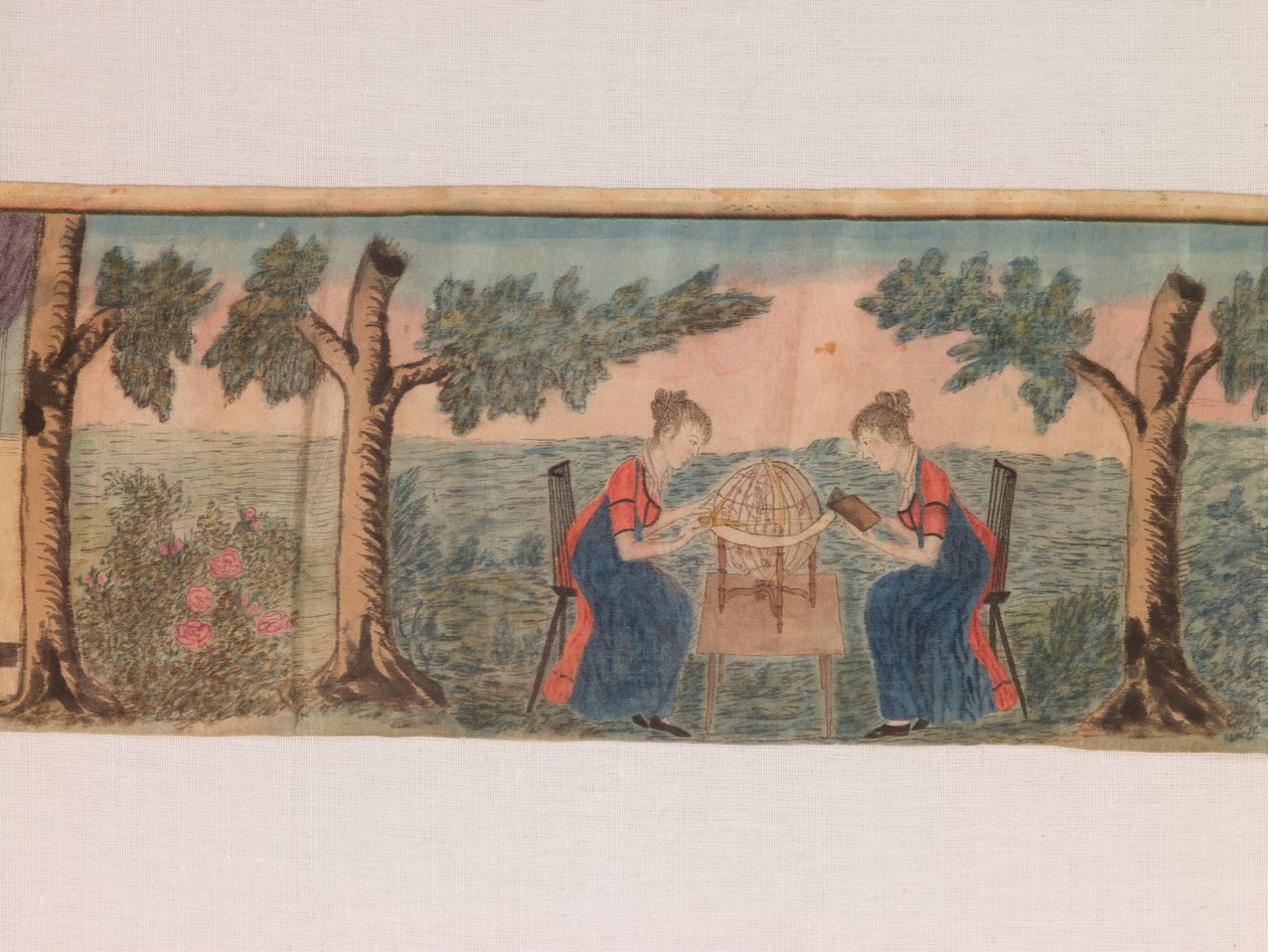 微型全景图的细节：青年女子神学院场景，约 1810-20 年（绢本水彩和墨迹） 作者 美国学校