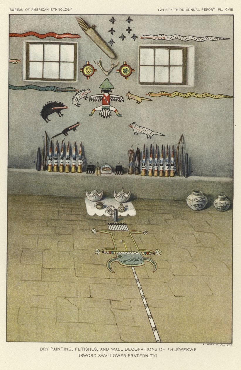 Thlewekwe（吞剑人兄弟会）的干画、神物和墙饰（彩色石版画） 作者 美国学校