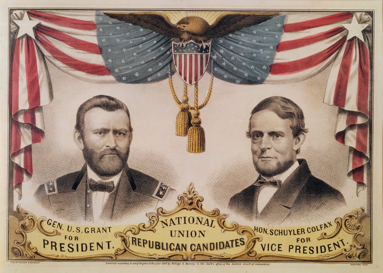 1868年美国总统选举的选举海报，描绘了1868年尤利西斯·S·格兰特和舒勒·科尔法克斯 作者 美国学校