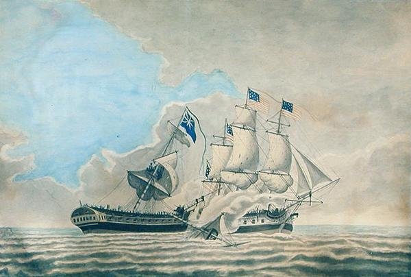 美国康斯坦丁号护卫舰与H.M.S. Guerriere号的交战（纸上水彩、水粉和墨）。 作者 美国学校