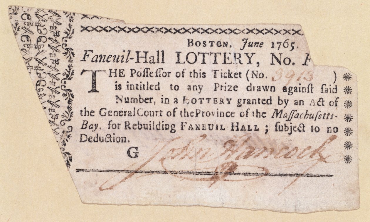 Faneuil-Hall彩票，由John Hancock（1737-93）签署，1765年（纸上墨水） 作者 美国学校