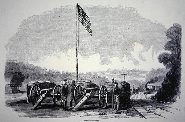 美国内战期间（1861-65年）保护铁路的联邦沙袋炮台（石印）。 作者 美国学校