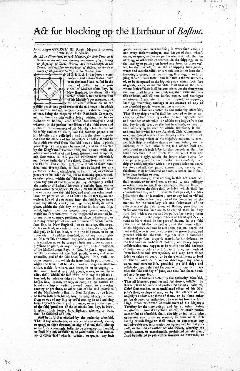 1774年封锁波士顿港的法案的第一页（新闻纸） 作者 美国学校