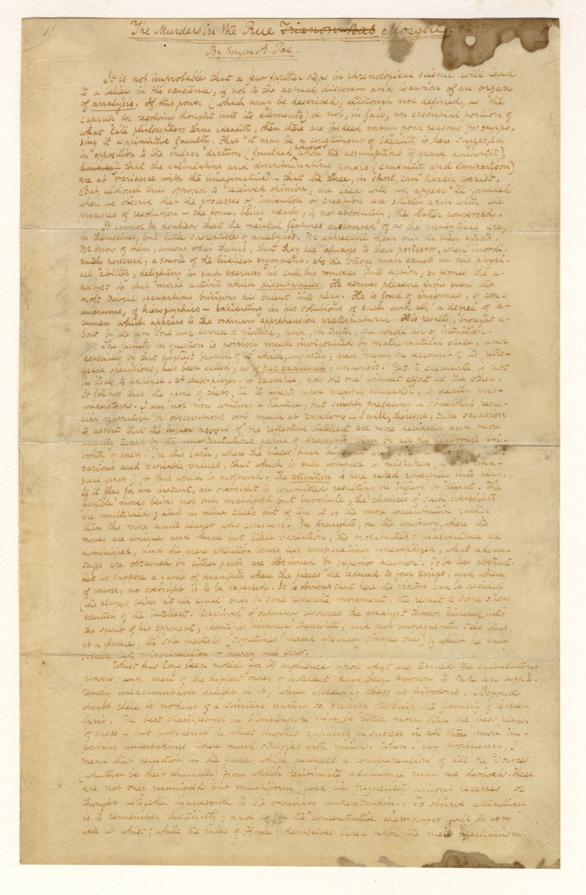 1841年Edgar Allan Poe在莫尔盖街的谋杀案的第一页 作者 美国学校