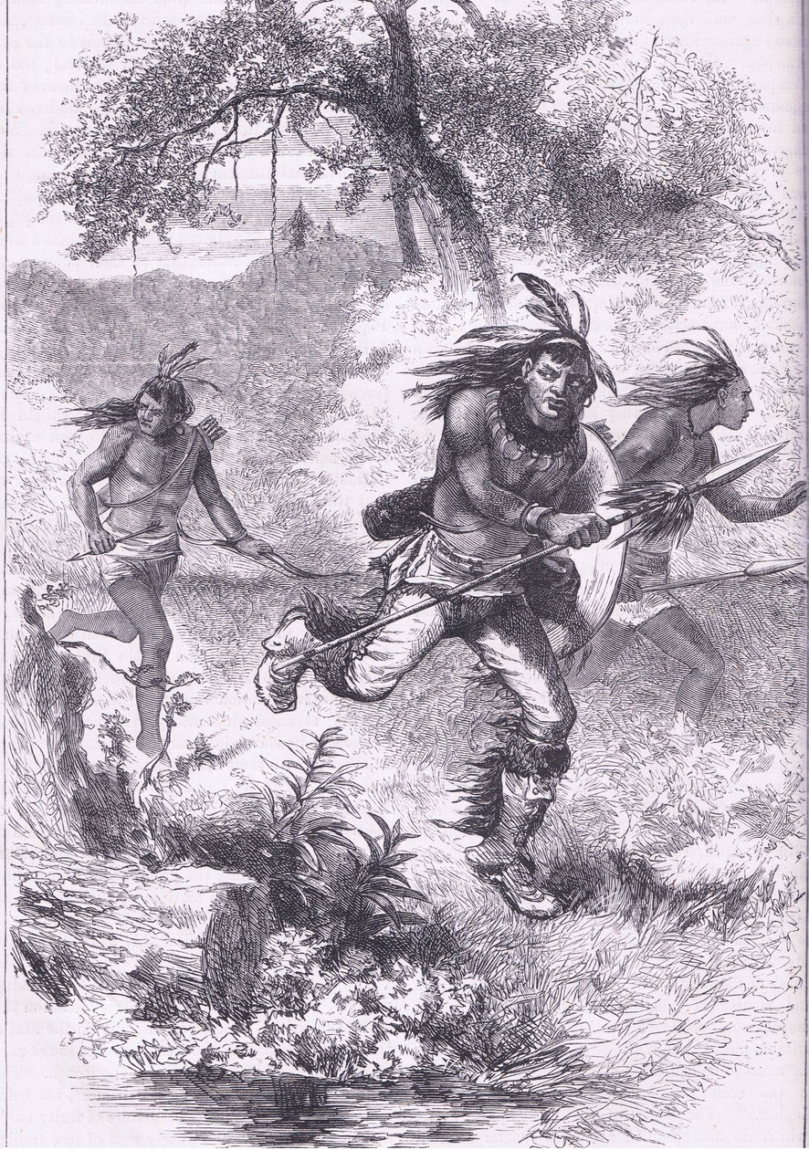 大屠杀后印第安人的逃亡，插图来自卡塞尔的美国酒吧历史。 由 Petter & Galpin c.1890 (石版画) 作者 美国学校