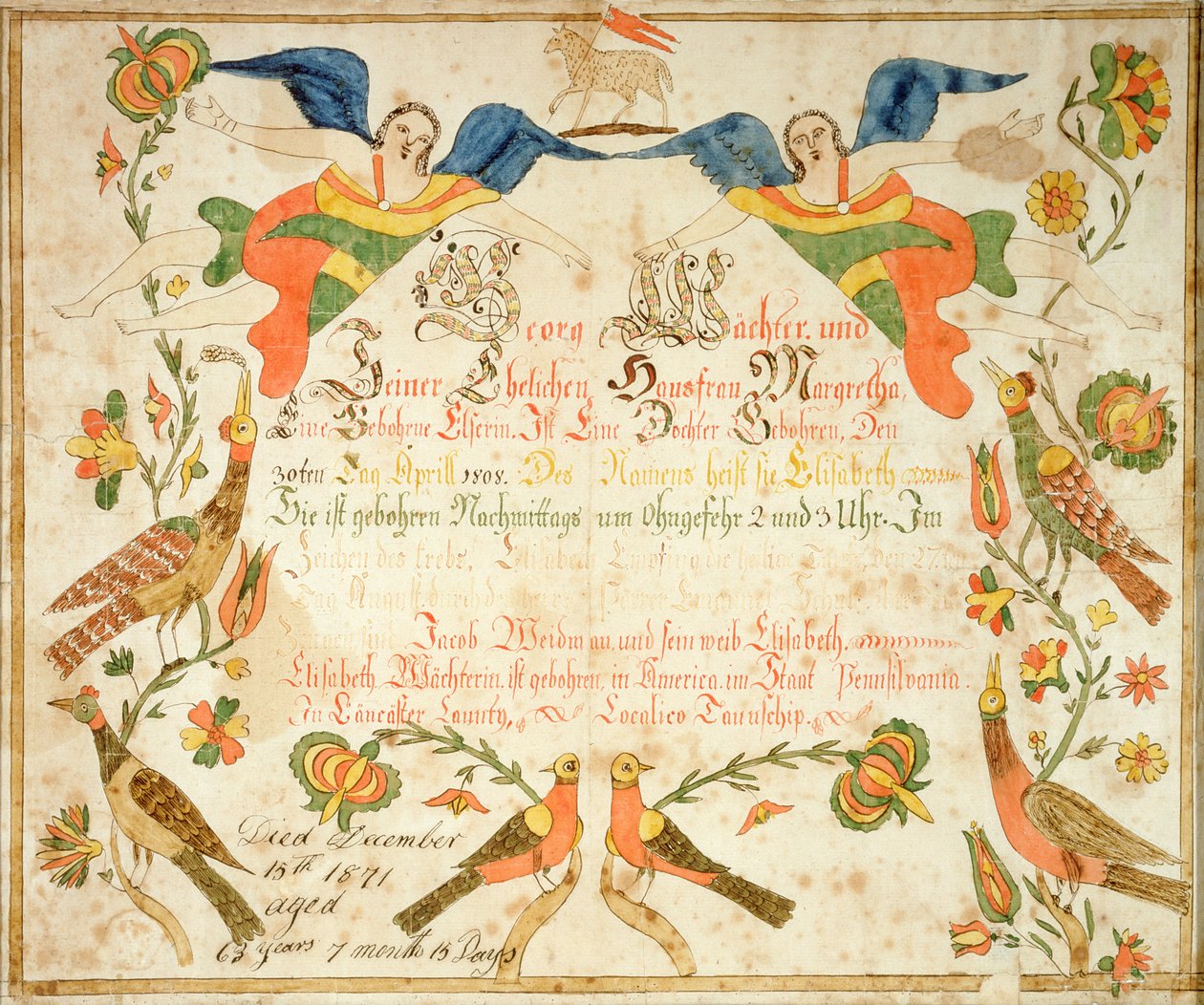 伊丽莎白-瓦赫特（1808-71 年）出生证和洗礼证的 Fraktur 1808（纸面水墨画） 作者 美国学校