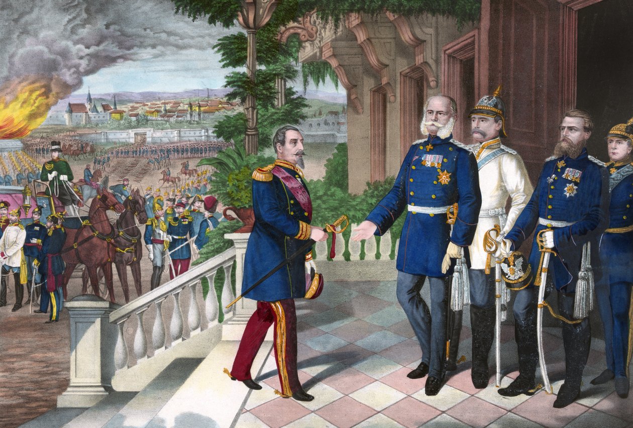 1870-1871年普法战争。拿破仑三世在色当战役后的投降，1870年9月2日。彩色线雕，美国，约1871年 - 1870年战争。拿破仑三世（1808-1873）在色当战役后的囚犯与普鲁士的威廉一世（1797-1871）会面。 作者 美国学校