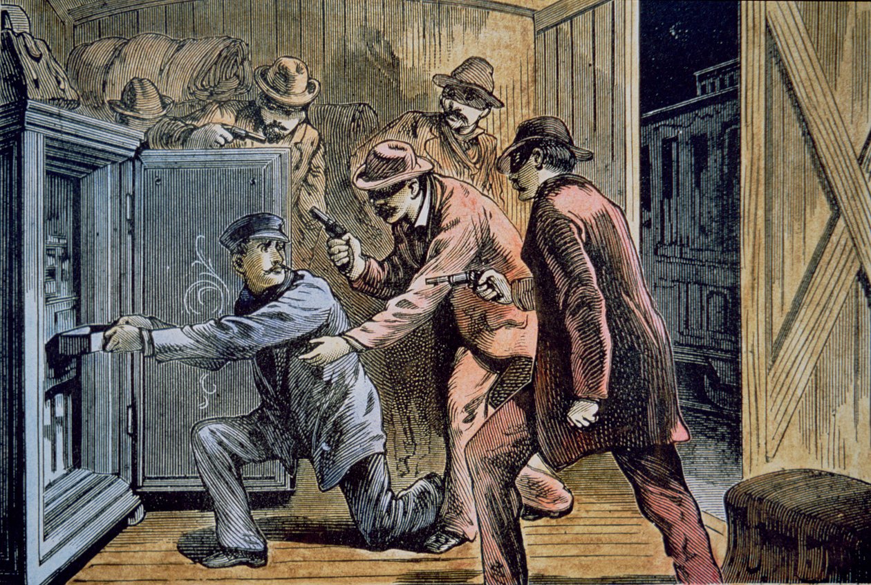 1879年，弗兰克和杰西-詹姆斯团伙抢劫火车快车（彩色平印）。 作者 美国学校