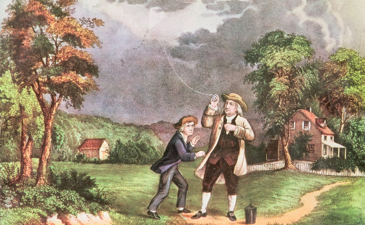Franklins在电力实验c.1746，pub。由Currier和Ives（打印） 作者 美国学校