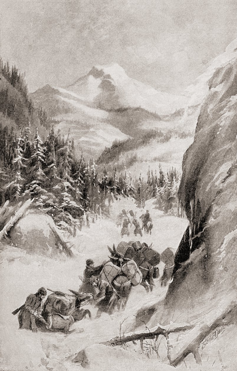 弗里蒙特在 1848 年第四次探险期间在北美落基山脉，摘自 1905 年出版的《我们国家的历史》（平版印刷） 作者 美国学校