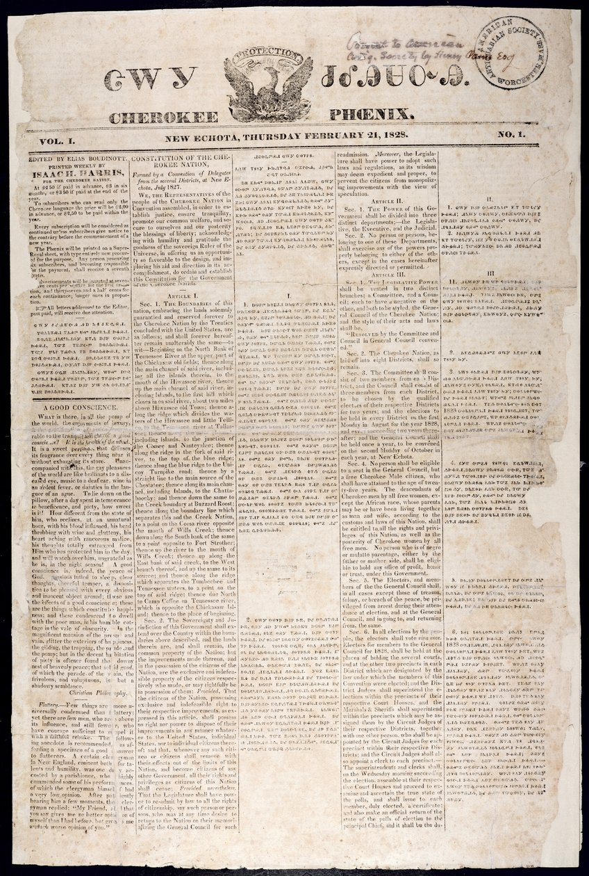 1828年2月21日切诺基凤凰卫视的头版（打印） 作者 美国学校